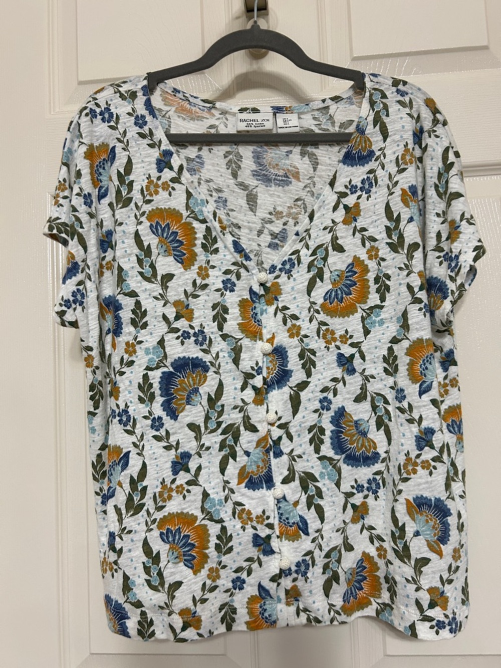 Rachel Zoe Linen Rayon Floral Button Up Top Blue Mustard Olive Lightweight